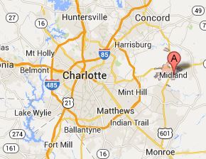 A map of Charlotte, NC featuring Midland - 28107